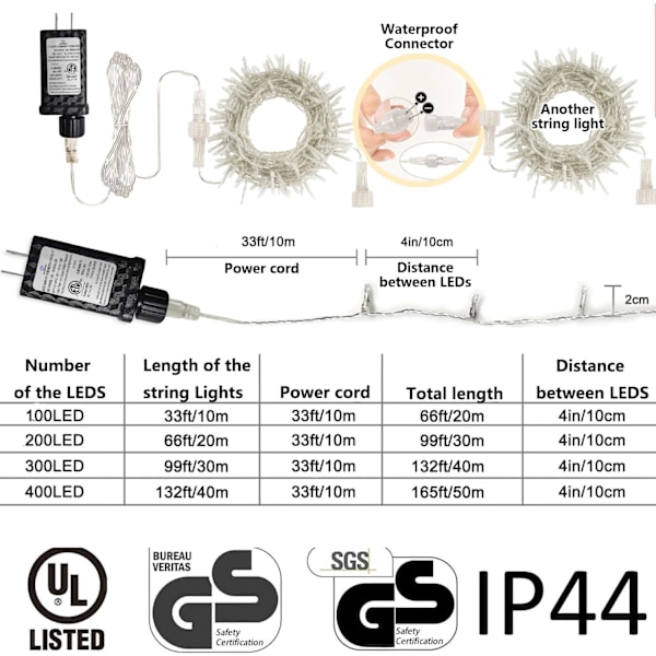 99ft 300 LED ljusslinga inomhus utomhus, varmvit julbelysning genomskinlig tråd, 8 lägen vattentät blinkande ljusslinga plug in för