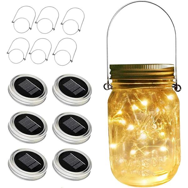 Mason Jar Solcellelamper til Udendørs, 6 Pakke 30Led Fe Lys Mason Jar Sol Låg Udendørs Vandtætte Strenglys med Hanger (Ingen Krukker) Bedste