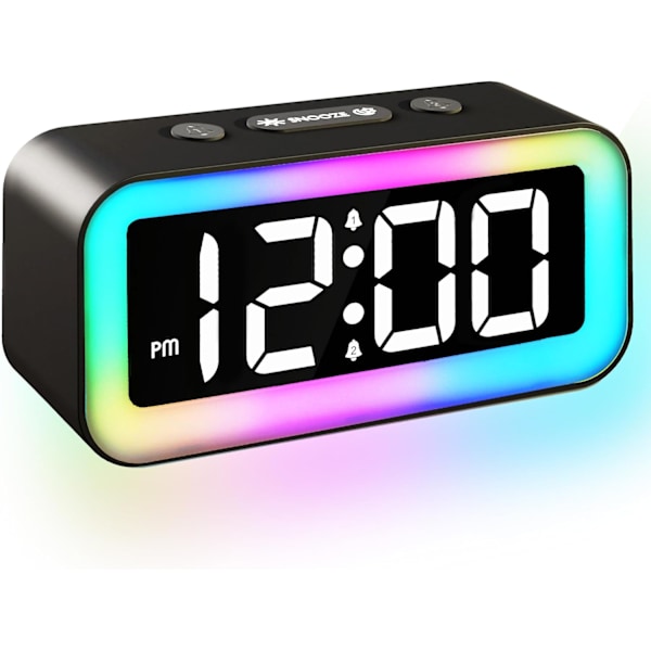 Färgglad nattlampa LED digital väckarklocka med superhög dubbelalarm, vardagsläge, snooze, dimmer, USB-laddningsport för vardagsrum, sovrum,