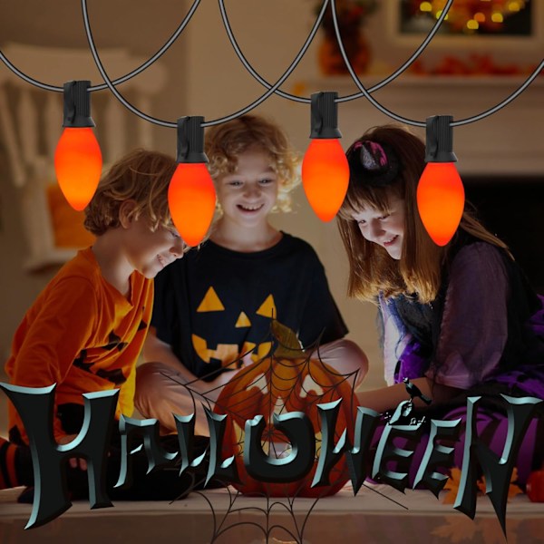 Ljusslinga utomhus, C7 LED-ljusslinga utomhus med 25 C7 LED-keramiska orange glödlampor, plug in C7 Halloween-ljus-svart svart svart