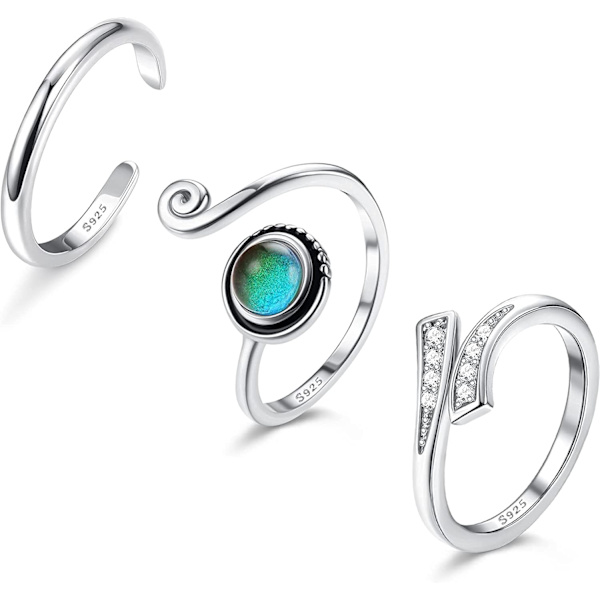 3 stk 925 Sterling Sølv Tåringer - Justerbar Mood Ring Turkis Celtic Knot Ringe