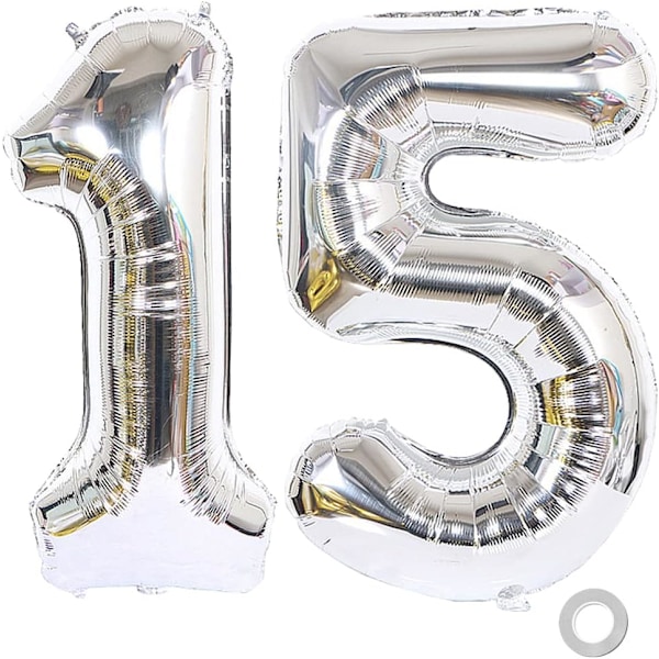 15. tal ballon - 40 tommer - Sølvfarvet ciffer 15