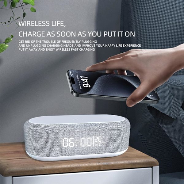 Bluetooth-højttaler med trådløs opladning, dobbelt vækkeur, 3 niveauer lysstyrke, sengelampe, digitalt ur 12/24 timer, 6 i 1 trådløs opladningsstation