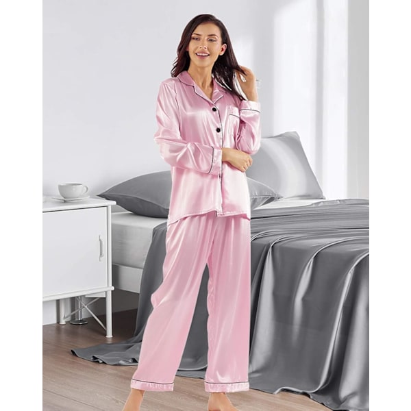 Kvinners Silke Pyjamas Sett Lang Ermet Damer Satin PJ Sett Knappet Pyjamas