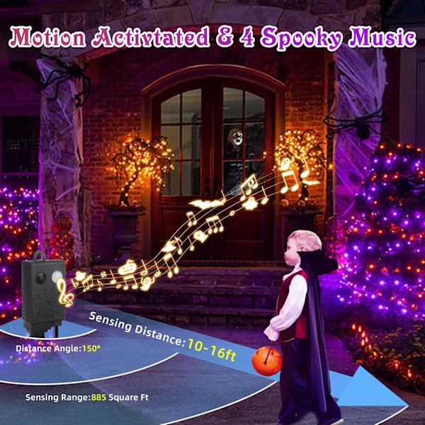 105FT 300 LED Lilla Oransje Lys Bevegelsesaktivert Synkronisering med 4 Skummel Musikk, 6 Moduser Halloween Lyslenke for Fest Hage Utendørs Innendørs Dekor