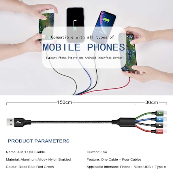 Multi Charger Kabel 3.5A MINLU [2Pack 6Ft] 4 i 1 USB Hurtigopladning