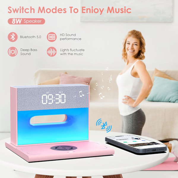 Til soveværelser, vækkeur Bluetooth-højttaler, vækkeur med trådløs opladning, 4 i 1 touch-senglampe, Bluetooth-vækkeur til tunge pink