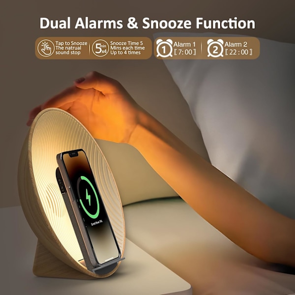 Soloppgang Vekkerklokke Vekkelyset, Bluetooth-høyttaler, Trådløs lading, Hvit støy, Sengelampe, Soverom, Snooze & Søvnhjelp, Ideell for gave Tre