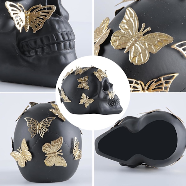 Sort kraniefigur med guld sommerfugl,    Dekoration Hjemmeindretning Samleobjekter Figurer (Lille) Sort Sort