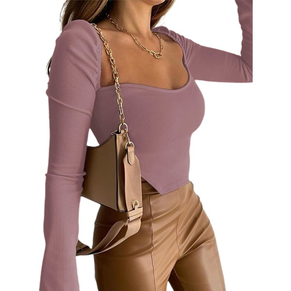 Kvinners langærmet ribbestrikket Crop Top Scoop Neck