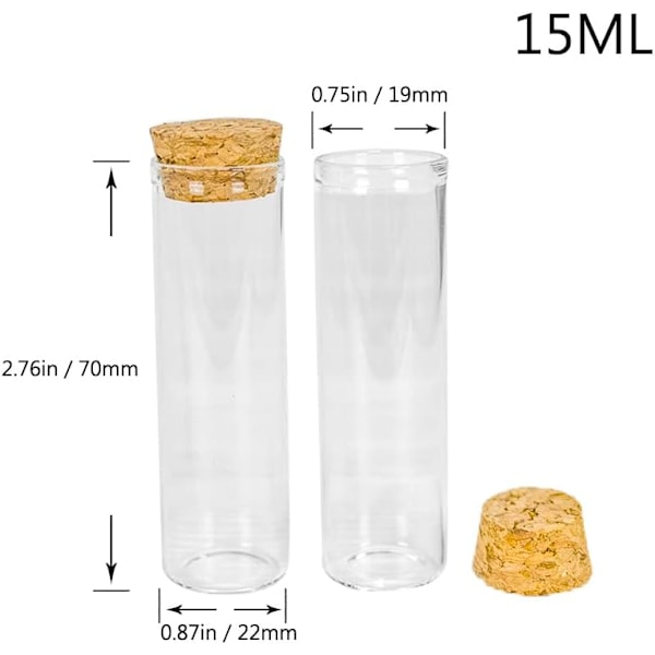 15 ml testrør i glass med kork, tom flaske med korkpropp