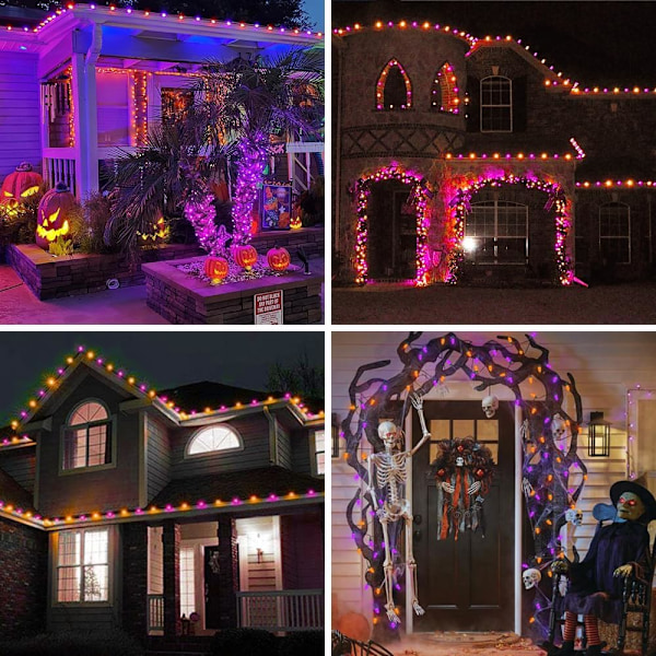 2-pack 100 LED 98FT Orange och Lila C9 Halloween-ljus Vattentät Inomhus Utomhus, Utbyggbar Halloween-ljusslinga Grön Tråd för Utomhusfest