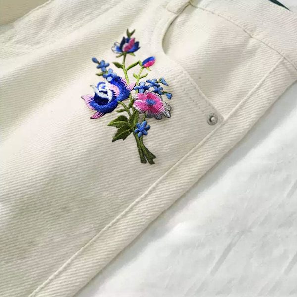 Pink Blue Roses Par Blomster Blomsterbuket Boho Broderede Applikationer Stryge-På Patches