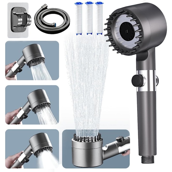 Hard Water Shower Pro - 4-Modus Høytrykksdusjhode m/ 1,5m Slange & Stativ - Filtrert Massasjespray m/ Pause (Grå)
