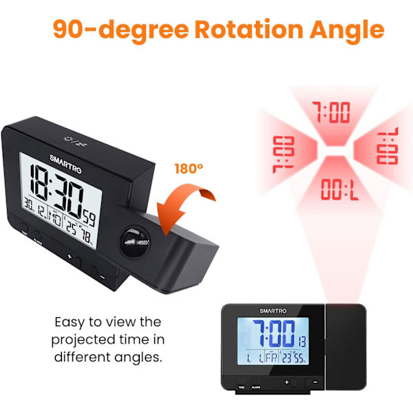 Projektionsvækkeur til soveværelser, digitalt ur med indendørs termometer hygrometer, USB-oplader, sengetidsvækkeur projektor, rejse, AC &