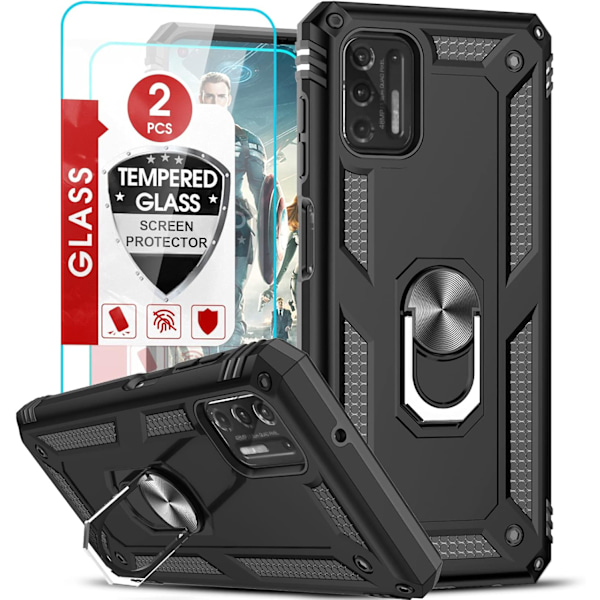 för Moto G Stylus 2021 Skal i Militärklass med Ställ & 2 Härdat Glas Skärmskydd - Svart [Ej för 5G/2020] Svart