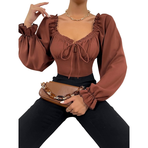 Kvinnors långärmad volang trimmad crop top rynkad volang blus