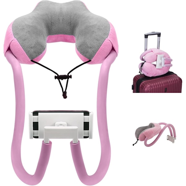 U-formet pute med telefonholder, Lazy Bracket - 360 graders rotasjon Universal mobiltelefon- og nettbrettstativ for hjem, reise og utendørs () Rosa