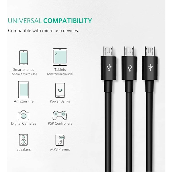 Micro USB Splitter Kabel - 3 i 1 Micro USB Opladningskabel