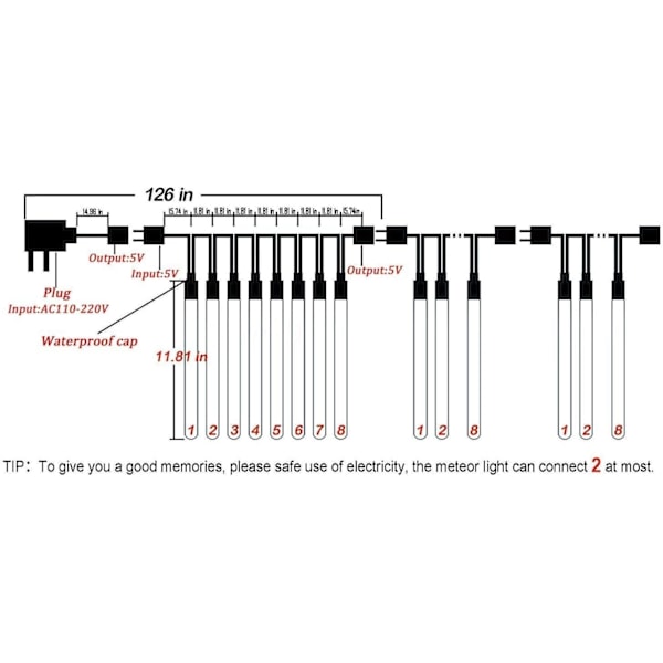 Opgraderet 30cm 8 rør 144 LED meteorskur lys, 11,81 tommer ultra lyse LED regndråbe lys, vandtætte rør til jul, træ, bryllup,