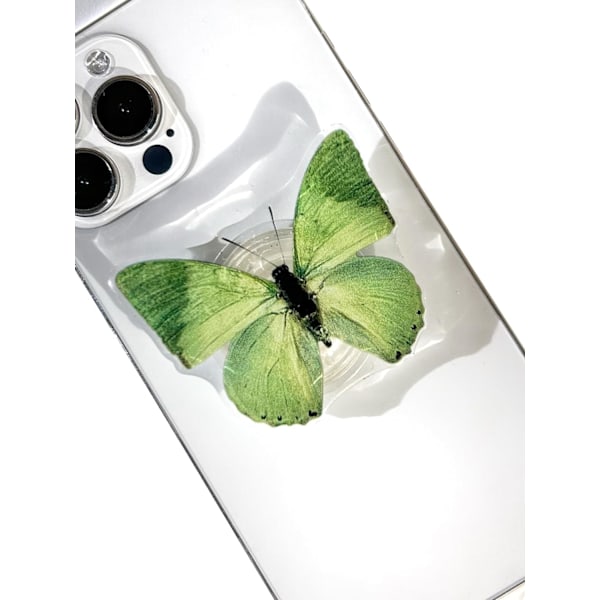 Fjäril Mobiltelefon Grepp, Sällsynt Fjäril, Sött Fjärilsstativ, Transparent Resin Vikbar Elastisk Bas, Mobiltelefon Dekoration Grön