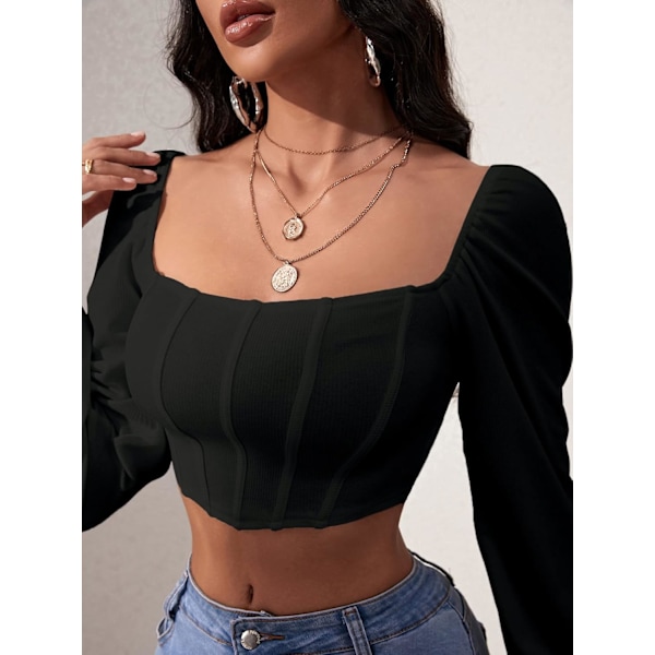 Kvinners langærmet Crop Top Tee Square Neck Basic T-skjorte