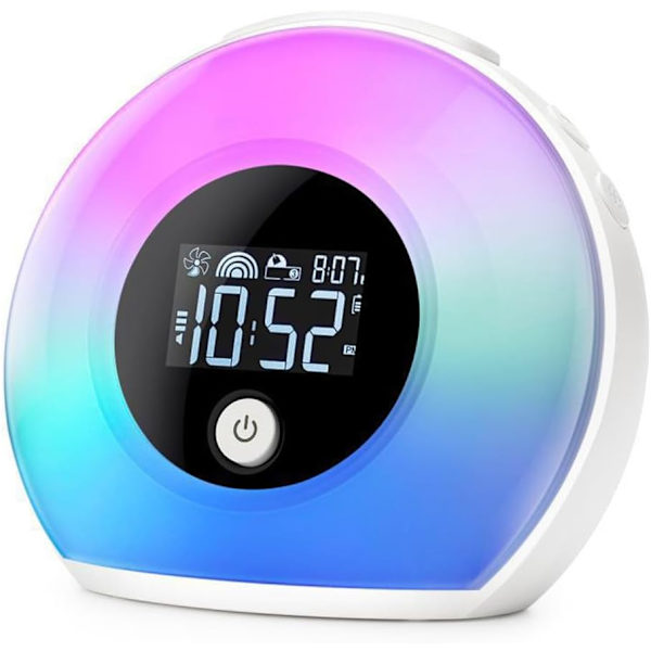 Vækkeur med solopgangslys til børn, tunge sovende, soveværelse, søvnhjælp, dobbeltalarmer, Bluetooth, natlys, 5 farver, 3 lyde, ideel til
