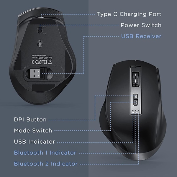 Ergonomisk Bluetooth-mus, genopladelig, tre-positions