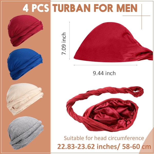 4 delar turban för män Twist Head Wraps för män Stretch
