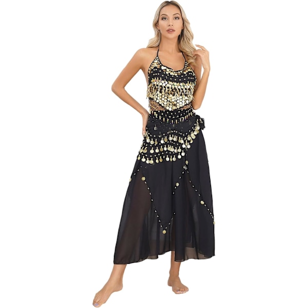 Kvinnors magdanskläder Bollywood Indien kostym glänsande paljetter crop top med kjol och höftscarf svart en storlek svart en storlek