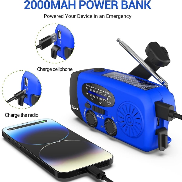 Hätäkäsikampiradio, jossa 3 led-taskulamppu, Am/fm/noaa kannettava sääradio 2000 mAh:n Power Bank -puhelinlaturilla, aurinkoenergialla toimiva USB blue