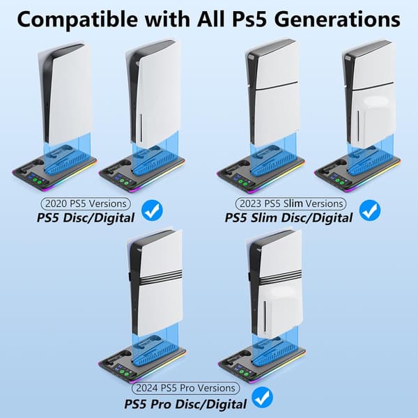 wxsp PS5/Slim/Pro Køle- og Ladestation med Køleventilator, PS5/Slim/Pro Stand til Disk & Digital Konsol, PS5 Controller Oplader, PS5 Tilbehør