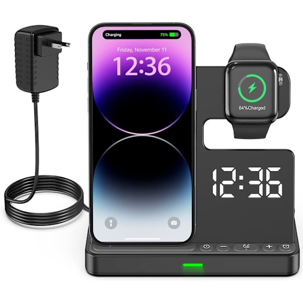 Alarmklokke Telefonlader, 000% Display Dimmer, Justerbart Volum, Vekkerklokke med Trådløs Ladestasjon for iPhone/Apple Watch (Watch Black