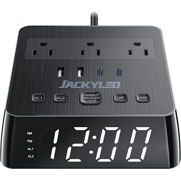 Vækkeur med 4 USB-opladere, stikdåse med 3 stikkontakter, 1700J overspændingsbeskyttelse, natbordslampe med dæmpbar digitalt ur med dobbelt alarm og snooze-funktion