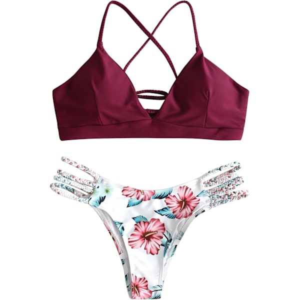 Kvinners Blomstermønster Bikini Badedrakt Høy Kutt Kryssrygg Blonder Bikinisett