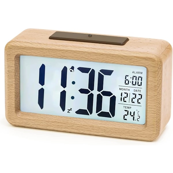 Digital väckarklocka i trä - Stor LCD-skärm med bakgrundsbelysning, temperatur, snooze & ljusstyrkesensor (Batteri ingår ej)