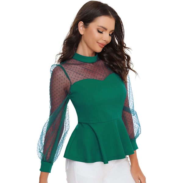 Kvinners Mesh Lang Ermet Mock Neck Ruffle Hem Slim Fit Peplum Bluse