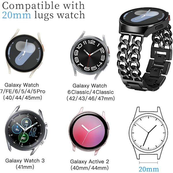 Kompatibel med Galaxy Watch 7 6 5 Pro 4 FE 40mm 44mm Armband, Kvinnor Dubbelkedja Metall 20mm Armband för Watch Armband 7 6 5 4 FE/5Pro/Watch 6 4