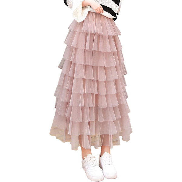 Dam Söt Elastisk Midja Tulle Lager Ruffles Mesh Lång Våningskjol
