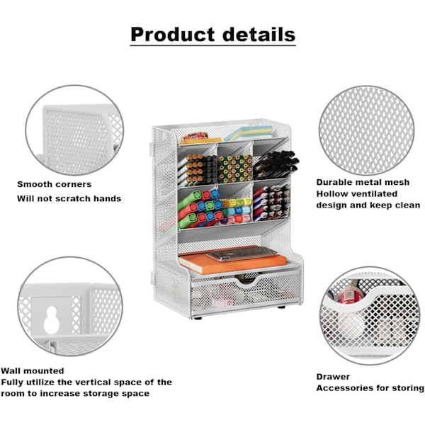 Skrivebordsarrangør med skuff, nettbrettstativ for skrivebord, multifunksjonell blyantholder, enkel montering, veggmontert metallstativ for skole, hvit
