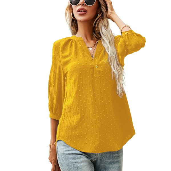 Kvinners Casual 3/4 Ermet Henley V-Hals Knappet Opp Plissert Bak Bluser Sveitsisk