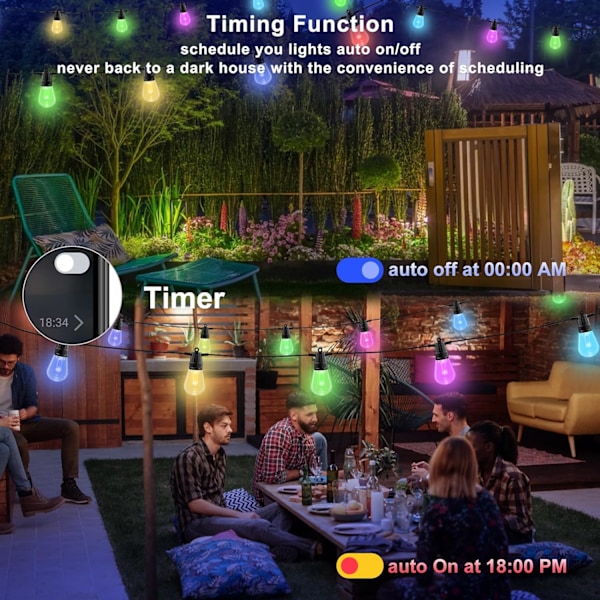Utendørs lyslenke for utendørs, 49FT RGB terrasselys utendørs vanntett med app og fjernkontroll, DIY hver pære fargeskiftende lyslenke med 20