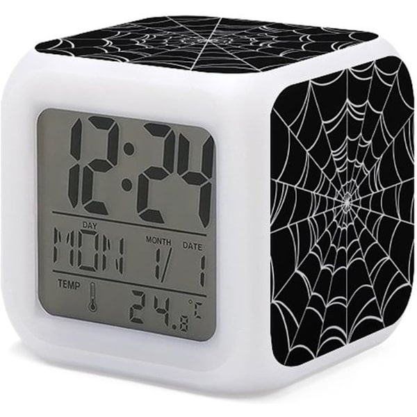 Spider Web Vekkerklokke for Barn 7 LED Fargeendring Vekkelyd Vekkerklokke Hjemmedekorasjon Vekkerklokke for Gutt Jente Soverom Digital Vekkerklokke med Edderkopp