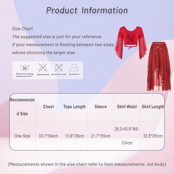 Kvinders mavedans kjole sæt mave tyl flæseærmet crop top med chiffon dans nederdel varm pink one size varm pink one size