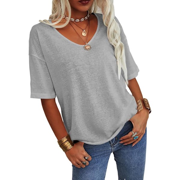 Kvinde Sommer Mode V-hals Halv ærmer T-shirt Solid Casual Løs Basic
