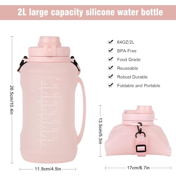 Hopfällbar vattenflaska med sugrör - Stor halv gallon för resor, sport, löpning, yoga (2L/64oz, Uppgraderad rosa)