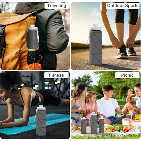 Elastisk Sammenleggbar Vannflaske i Silikon - BPA-fri, Lekkasjesikker og Gjenbrukbar for Reise, Fotturer, Yoga | Lettvekt (500ml)
