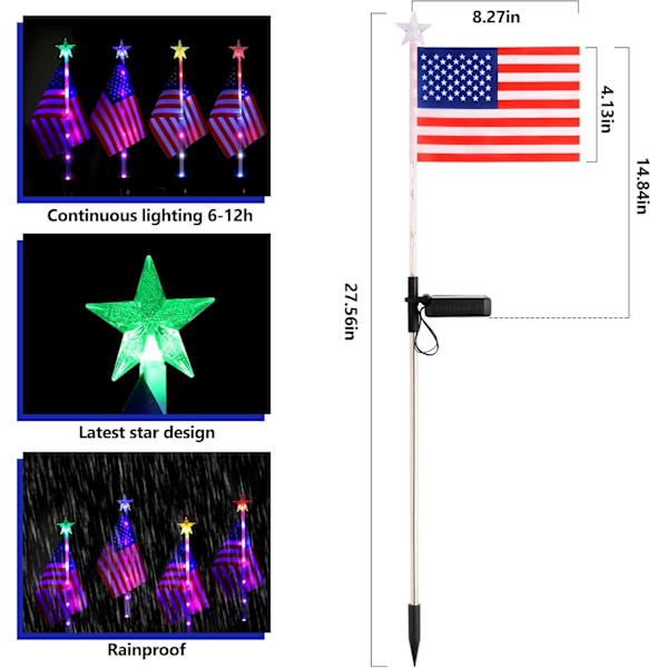 4. juli dekorative solcelledrevne amerikanske flaglys 4. juli solcelledrevne patriotiske flaglys, 2 tilstande havepælelys LED-landskabslys gade 2
