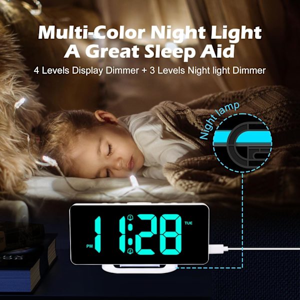 RGB Digital väckarklocka för sovrum med färgskiftande nattlampor, dubbla larm med snooze, dimmer, justerbar larmvolym, dubbla USB och