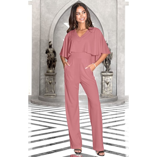 Kvinners lange bukser Cape kortermet V-hals lommer Jumpsuit Romper